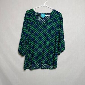 Escapada Green & Navy Abstract Print V-Neck Blouse | Size L